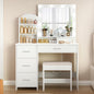 Quimoo Makeup Vanity with 10 Light Bulbs and Charging Station, Vanity Desk with Lighted Mirror & 4 Drawers, Vanity Table Set with Cushioned Stool,White