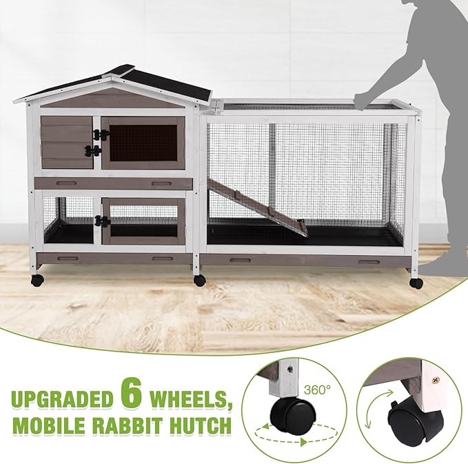 GUTINNEEN Rabbit Cage Indoor Bunny Hutch with Chew-Proof Ramp - 2 Story Guinea Pig Cages Outdoor with 6 Wheels, Leakproof Pull-Out Tray for Rabbits, Guinea Pigs (Brown)-Mewly Pet