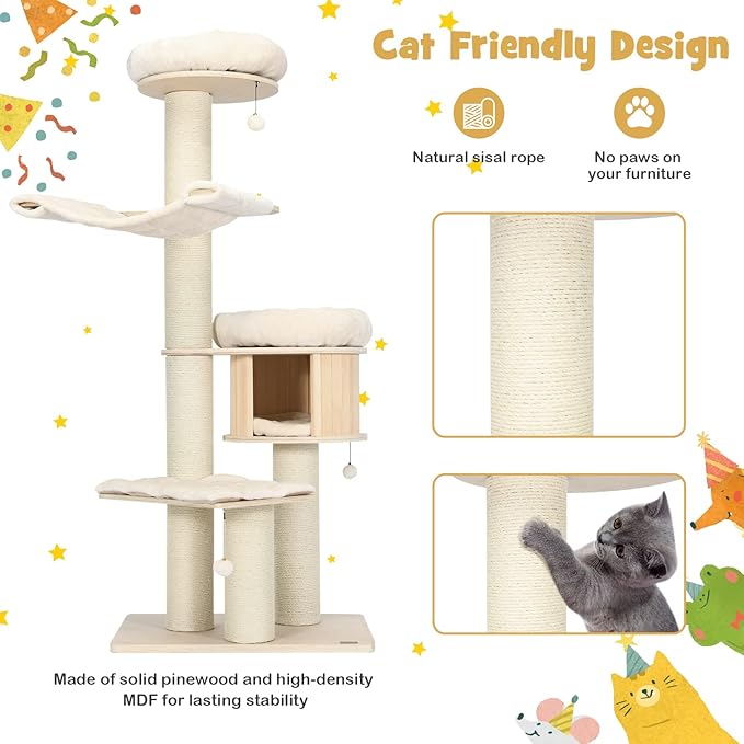 PETSITE 68.5" Tall Cat Tree, Multi-Level Modern Cat Tower with Sisal Scratching Posts, Top Perch, Cat Condo, Hammock, Jingling Balls, and Washable Cushions, Cat Tree Tower for Indoor Cats Large Adult-Mewly Pet