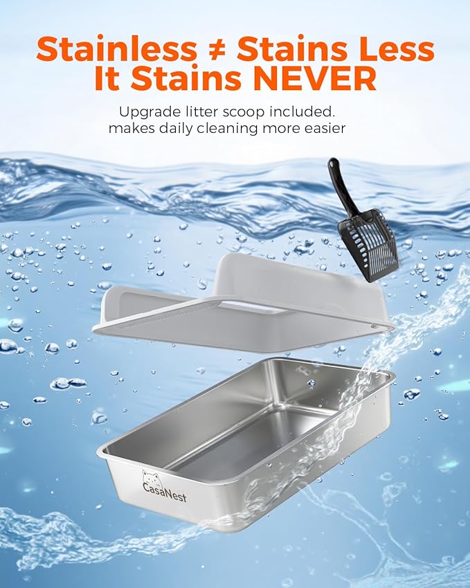 XXXL Stainless Steel Cat Litter Box 28.1''×20.5'' × 10.1” Extra Large Metal Cat Litter Box for Big, Multi Cats, Anti-Leakage & Non-Stick Metal Pan, Easy to Clean, Durable (Light Grey-Mewly Pet