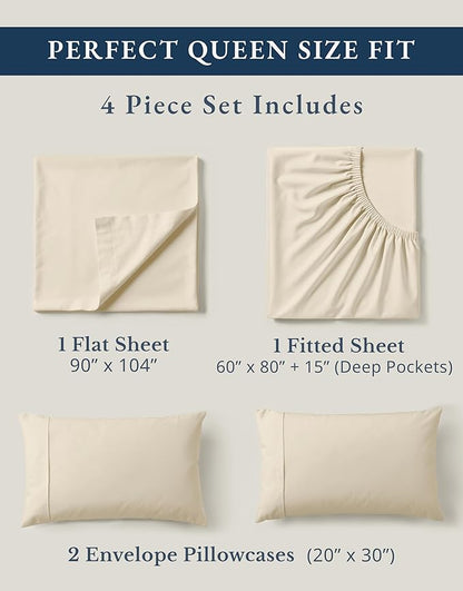 LANE LINEN 100% Organic Cotton Queen Sheets, 4Pc Cotton Sheets Set, Classic Percale Weave Bedsheets Queen Size Bed, Soft Breathable Sheet & Pillowcase Sets, Deep Pocket 15" - Natural