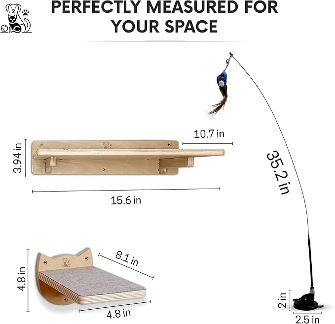 Snuggle & Play Cat Wall Shelves with Suction Cup Wand – 3 Mounted Steps, Climbing Wall Shelves and Furniture with Cat Wand-Mewly Pet