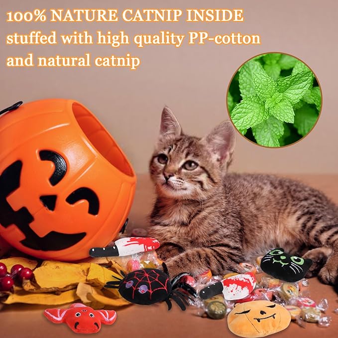LOMIMOS 6Pcs Halloween Catnip Toys,Cat Toys Chew Bite Plush Toy with Crinkle Paper Kitten Pumpkin Spider Bat Knife for Indoor Interactive Play & Exercise-Mewly Pet