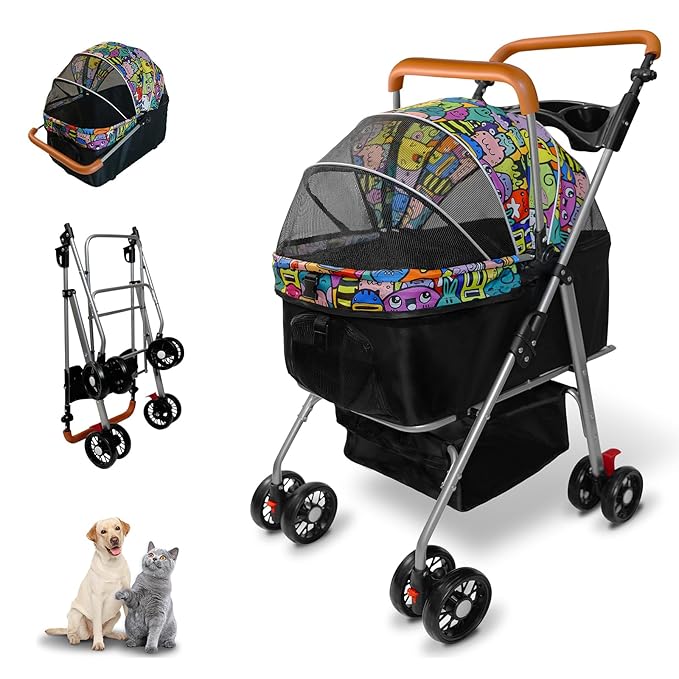 Pet Stroller with Storage Basket and Cup Holder, Folding Dog Jogger, Foldable Cat Stroller, 3 in 1 Puppy Kitten Cart, Pet Jogger for Medium Dog Cat (Magic Black)-Mewly Pet