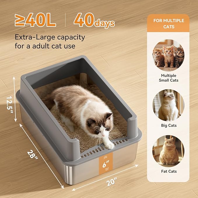 28" Extra Large XXL Stainless Steel Cat Litter Boxes with Lid Metal Cat Litterbox Pan for Big Cats and Multiple Cats, Anti-Leakage, Easy Cleaning, Include Scoop-Mewly Pet