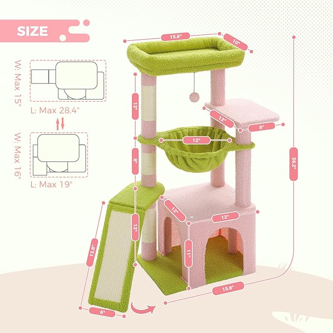 PEQULTI 36.5'' Cat Tree for Indoor Cats, Small Cat Tower with Large Condo, Cat Scratching Posts, Cozy Hammock and Scratching Ladder for Kittens, Pink-Mewly Pet