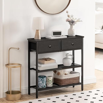 HOOBRO 29.5" Narrow Console Table with 2 Fabric Drawers, Sofa Table, Small Entryway Table with 3-Tier Storage Shelves, Behind Couch Table, for Living Room, Hallway, Black BB72XG01