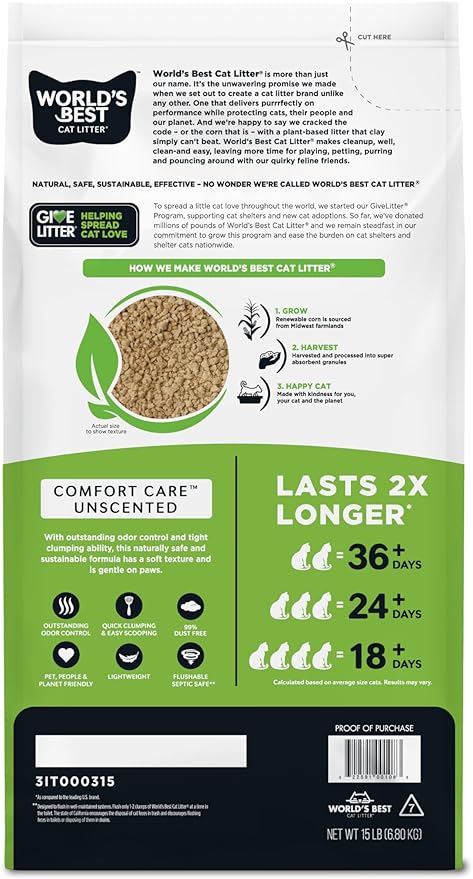 WORLD'S BEST CAT LITTER Comfort Care Unscented 15-Pounds - Natural Ingredients, Quick Clumping, Flushable, 99% Dust Free & Made in USA - Long-Lasting Odor Control & Easy Scooping-Mewly Pet