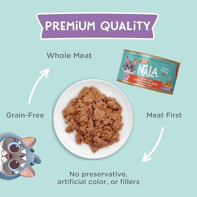 LOVE, NALA - Natural Adult Cat Wet Food - Pate Chicken with Carrot & Pumpkin Recipe- Grain Free, Non-GMO, Lean Protein, Digestive Fiber Blend, Added Minerals & Vitamins - 12 Pack 2.4 lbs.-Mewly Pet