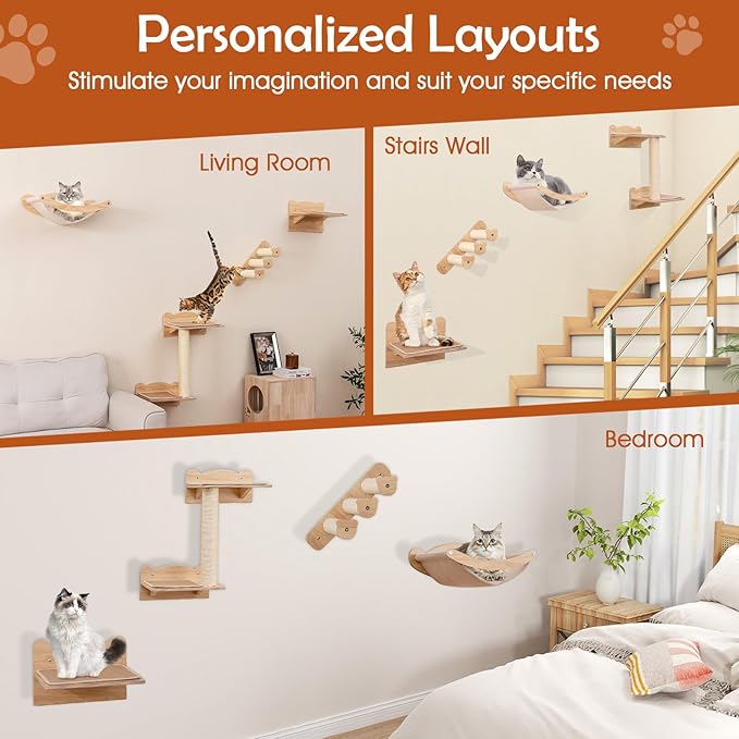 Tangkula Cat Wall Shelves, Wall Mounted 4pcs Kitten Furniture Set with Hammock, 2-Step Kitty Tree, Perch, Non-Slip Carpet Mat, Sisal Stairs & Scratching Posts, Wooden Cat Climber Steps (Natural)-Mewly Pet