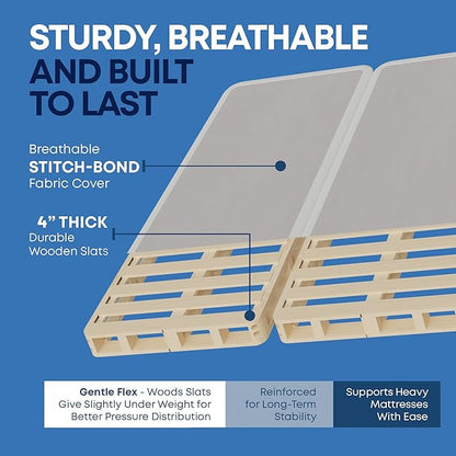 Greaton, Box Spring Bed Base Queen Size, 4-Inch Wood Mattress Foundation – Amish Made in USA – Quiet Noise Free, 2-Pieces Under Mattress-Support BoxSpring, Fully Assembled, White