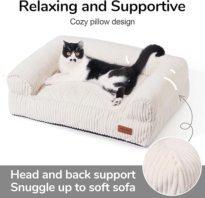 FUKUMARU Dog Couch Bed, Corduroy Cozy Cat Bed for Indoor Cats with Washable Cover, Supportive Waterproof Dog Beds Sofa for Small Dogs and Large Cats Cute, 28inch, Medium, Cream-Mewly Pet