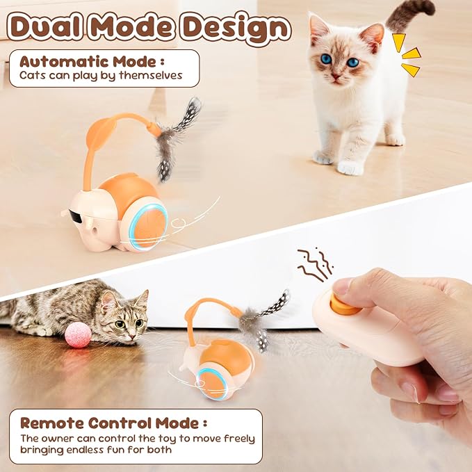 SlowTon Cat Interactive Toy for Indoor Cats - Remote Control Automatic Smart Moving Cat Toys with 2 Modes, Rechargeable Kitten Feather Toys for All Breeds of Bored Cats(Orange)-Mewly Pet