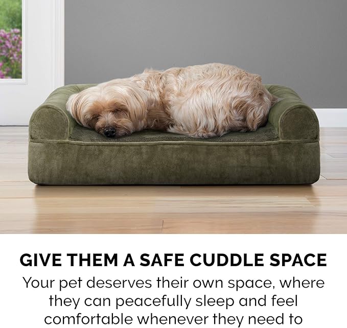 Furhaven Orthopedic Dog Bed for Large Dogs w/ Removable Bolsters & Washable Cover, For Dogs Up to 125 lbs - Faux Fur & Velvet Sofa - Dark Sage, Jumbo Plus/XXL-Mewly Pet