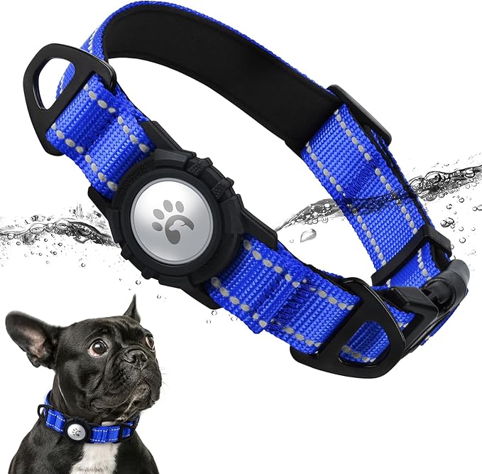 TagME Airtag Dog Collar,Waterproof Reflective Pet Collar with Airtag Holder,Soft Padded and Double D-Rings for Puppy,Navy Blue-Mewly Pet