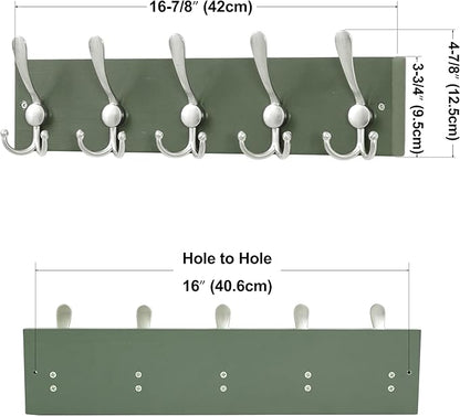 SKOLOO Creations Forest Green Solid Wood Wall Mounted Coat Rack, 5 Hooks, 17" Long - Kitchen, Mudroom, Entryway, Bathroom - Includes Mounting Hardware, Wall Coat Hanger, Towel Rack