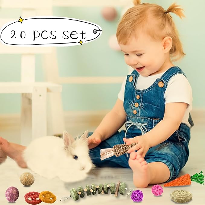 Grddaef 20 PCS Bunny Chew Toys for Teeth, Natural Rabbit Toys Apple Wood Grass Timothy Sticks Chew and Treat for Guinea Pigs Hamster Chinchillas-Mewly Pet