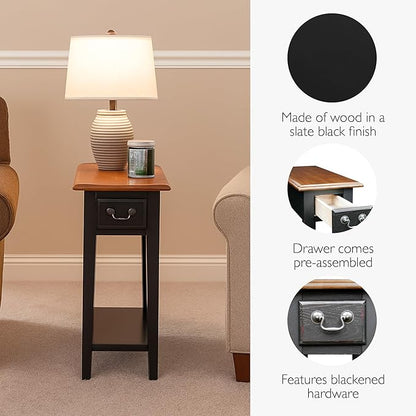 Haven Ridge Narrow Solid Wood Side Table with Drawer and Shelf, Medium Oak Brown and Slate Black, Perfect for Living Rooms, Bedrooms, and Small Spaces – Leick Home, 9017-SL