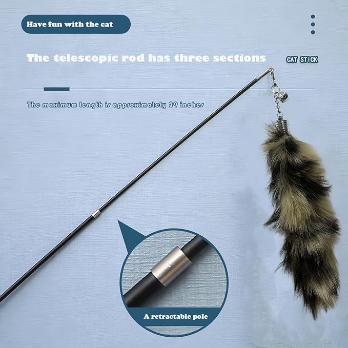 Interactive Cat Wand Toy with Cat Dancer, Retractable Feather Fox Tail Teaser for Indoor Cats, Enrichment Play Kittens to Senior Cats(Moon Grey)-Mewly Pet