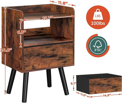 Yoobure Night Stand with Fabric Drawer, Modern Nightstand, Bedside Tables, Mid Century Nightstands with Open Storage Shelf, Wood Bedside Table, Small Night Stands for Bedrooms, 2-Tier Night Table