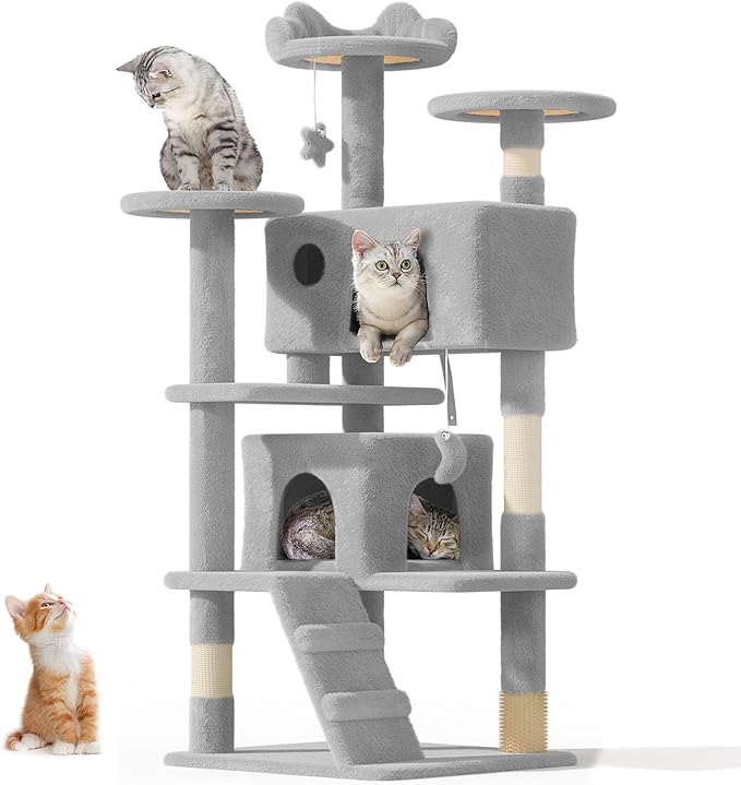 54" Cat Tree Tower for Indoor Cats Large Adult,Cute/Tall Modern Cat Tree for Big Cats 20 lbs, Plush Multi-Level Cat Condo with Scratching Posts, Dangling Ball for Fun (Light Gray, 54 inch)-Mewly Pet