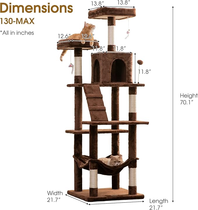 MWPO 70.1-Inch Large Cat Tree, Multi-Level Tall Cat Tower for Indoor Cats, Plush Cat Condo with Big Padded Perches, Sisal-Covered Scratching Posts, Hammock, Toys for Kittens & Cats - Brown-Mewly Pet