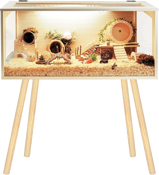 Prolee Hamster Cage Wooden Chew Proof, Extra Large Mice and Rat Habitat Openable Top with Acrylic Sheets Solid Built Small Animal Cage with Leg Stands, 40 Inch Long-Mewly Pet