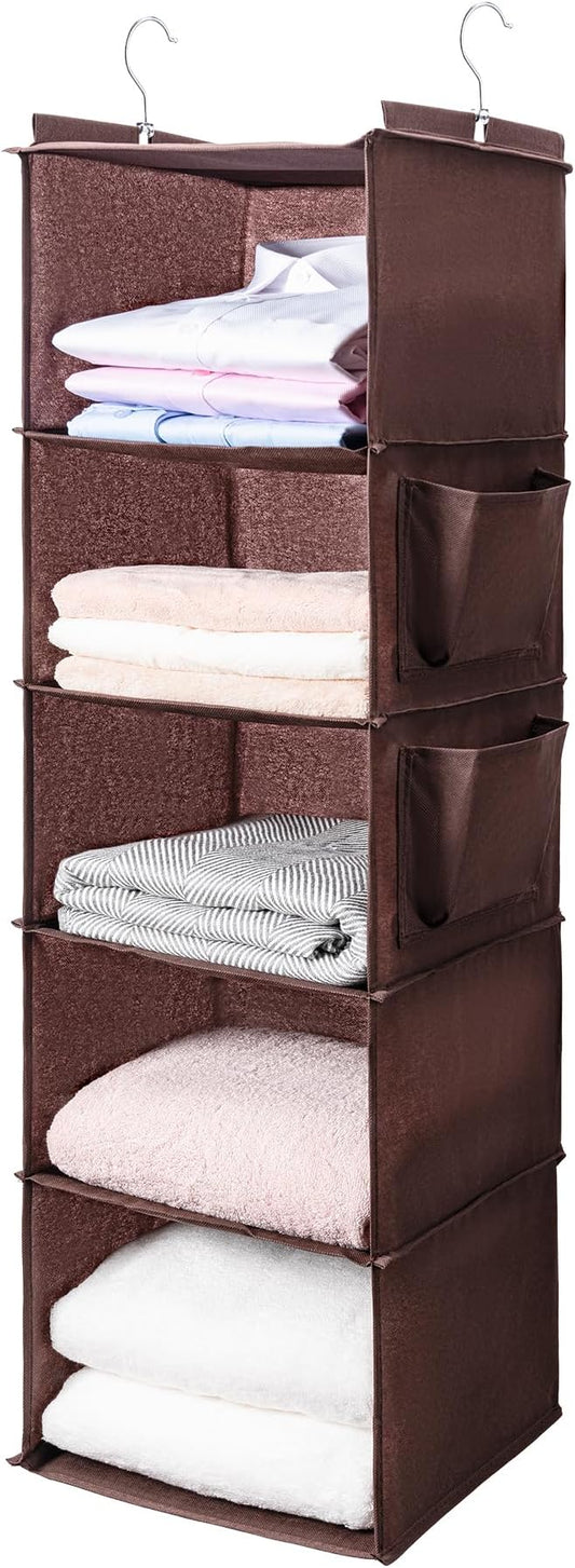 BOOMIBOO Hanging Closet Organize and Shelves，5-Hanging Shelf with 2 Side Pockets，Storage Foldable （Browm）