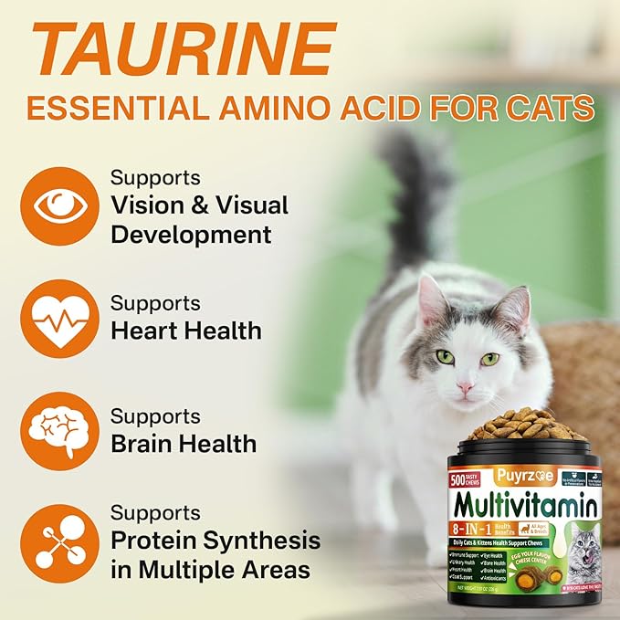 Cat Multivitamin - 500 Chews Crunchy & Creamy Cheese Core, Cat Vitamins + Taurine for 8-in-1 Support - Immune, Urinary, Heart, Skin & Coat, Eyes, Brain, Bone for Cats Kittens - Egg Yolk Flavor-Mewly Pet