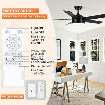 YUHAO 52 Inch Black Ceiling Fan with Light and Remote Control.Noiseless,Dimmable,3CCT,6 Speeds Reversible, DC Ceiling Fans for Indoor or Covered Outdoor