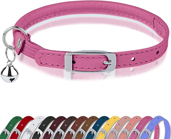 OOPSDOGGY Rolled Leather Cat Collar with Bell, Reflective Kitten Collars with Buckle Include Safety Elastic Strap - Adjustable Small Pet Collars for Boy Girl Cats (Fucsia)-Mewly Pet