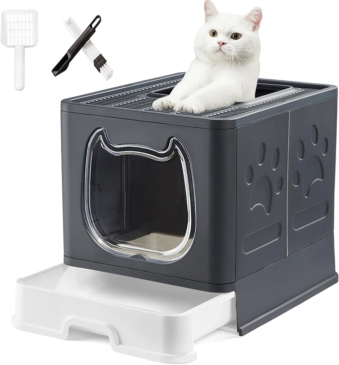 Gefryco Litter Box with Lid for Small to Medium Cats, Enclosed Cat Litter Box with Cover，High Sided Top Entry Cat Box with Brush and Scoop, Cute Kitty Litter Pan with Drawer for Growing Kitten(Black)-Mewly Pet