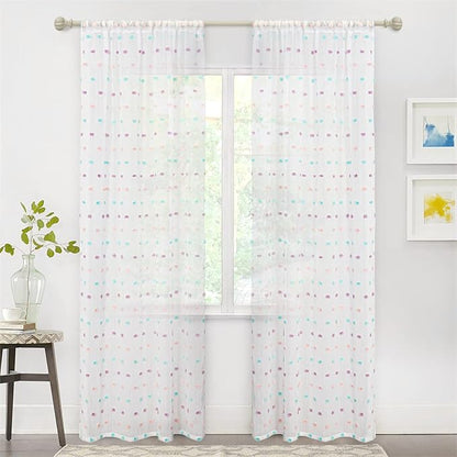 MYSKY HOME Pom Pom Sheer Curtains for Girls' Bedroom and Nursery - Rainbow 72 Inch Long Door Curtains with Rod Pocket - Semi-Transparent, Light Filtering - 52 x 72 Inch, 2 Panels