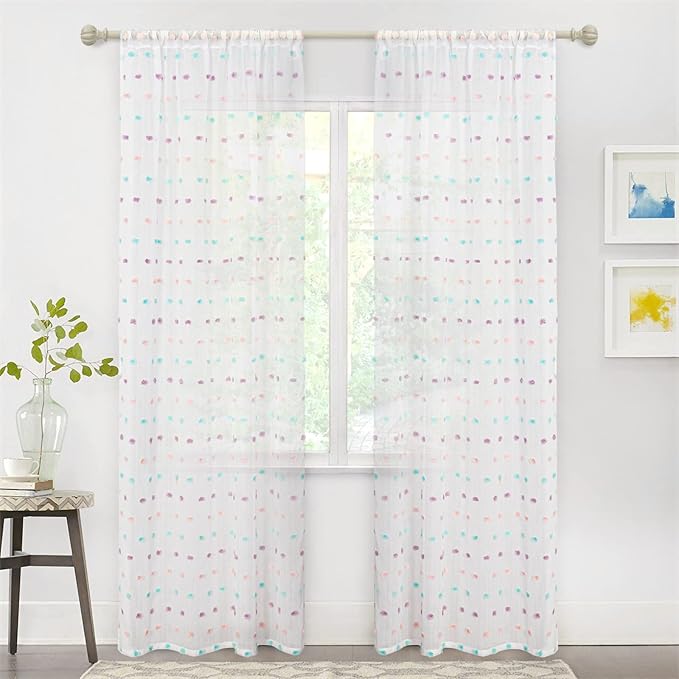 MYSKY HOME 72 Inch Long Pom Pom Sheer Curtains for Boys Bedroom Rainbow Curtain for Baby Nursery Door 2 Panels Light Filtering Rod Pocket Semi Window Drapes 38 x 72 Inch