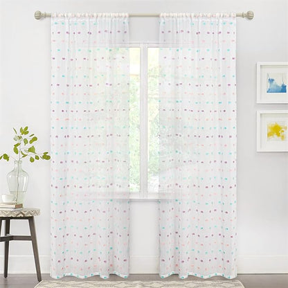 MYSKY HOME Rainbow Pom Pom Curtains for Living Room Light Filtering 84 Inch Long Bedroom Curtains for Nursery Girls Kids Room Rod Pocket Bohemian Voile Window Drapes 52 x 84 inch 2 Panels
