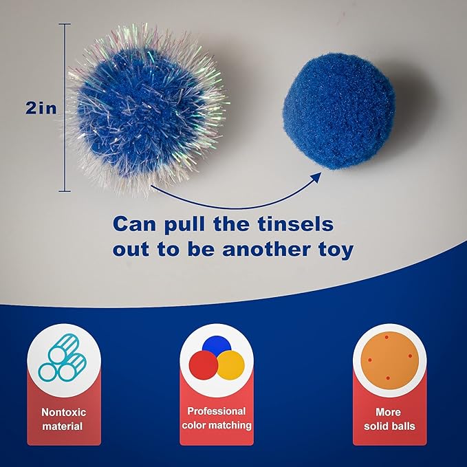 VAPKER 30 Pcs Cat Ball Toys Sparkle Balls Extra Large 2 Inch Cat's Favorite Chase Glitter Ball Glitter Tinsel Pom Poms Balls Dark Blue Color-Mewly Pet