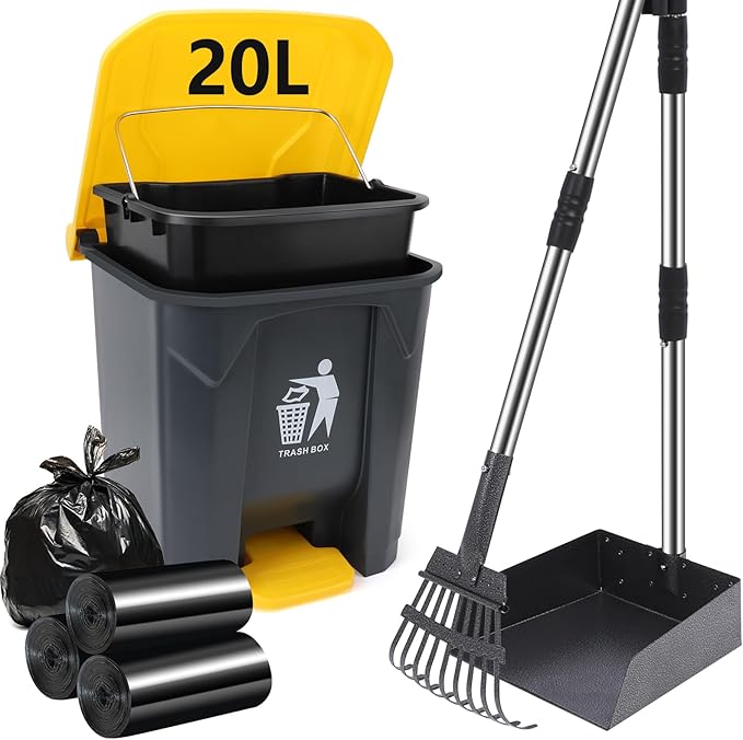 Dog Pooper Scooper, 20L Large Dog Poop Trash Can Outside with Removable Inner Bucket, Poop Trash Can for dog Outdoors with 90 Waste Bags, 37inch Long Handle Stainless Metal Tray & Rake-Mewly Pet