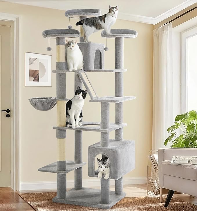 Made4Pets Tall Cat Tree, 80" Cat Tree Tower for Indoor Cats Large Adult, Modern Cat Tower with Scratching Post, Cozy Hammock, 3 Perches and 2 Condos, Sturdy and Fluffy, Light Gray-Mewly Pet