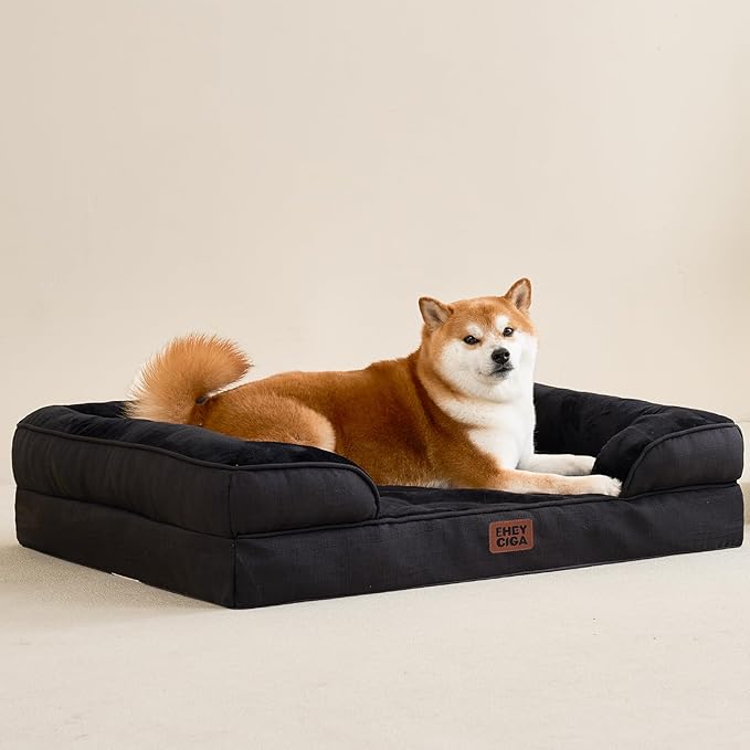 EHEYCIGA Orthopedic Dog Bed for Medium Dogs, Waterproof Memory Foam Medium Dog Beds with Sides, Non-Slip Bottom and Egg-Crate Foam Pet Couch Bed with Washable Removable Cover, Black-Mewly Pet