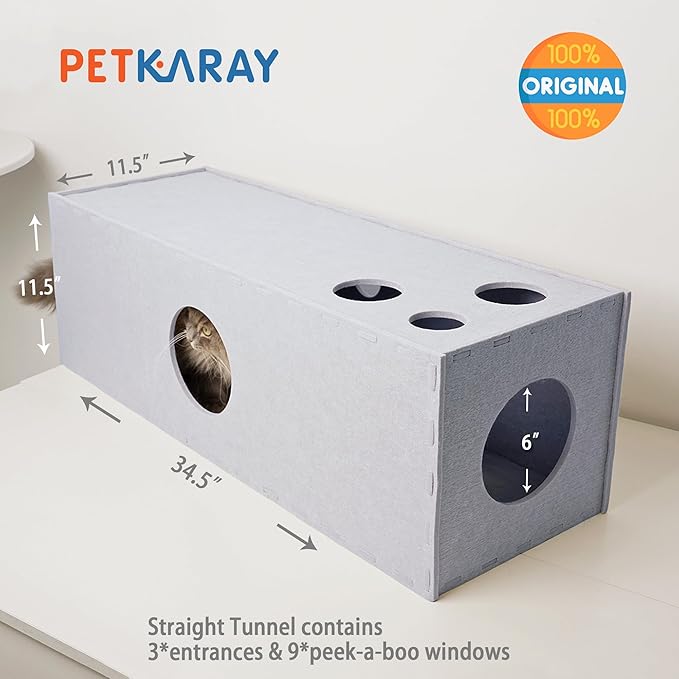 PETKARAY Cat Tunnel, Original Cat Hideaway Cave for Indoor Cats, Large Kitten Play Tubes and Tunnels, Soft Felt Cat Toy with Interactive Peek Hole-Mewly Pet
