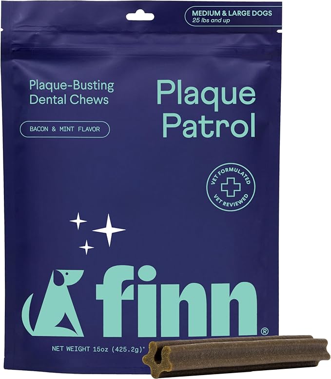 Finn Plaque Patrol Dental Chews | Triple-Action Defense Against Plaque, Tartar, and Bad Breath | for Medium/Large Dogs, 25+ lbs-Mewly Pet