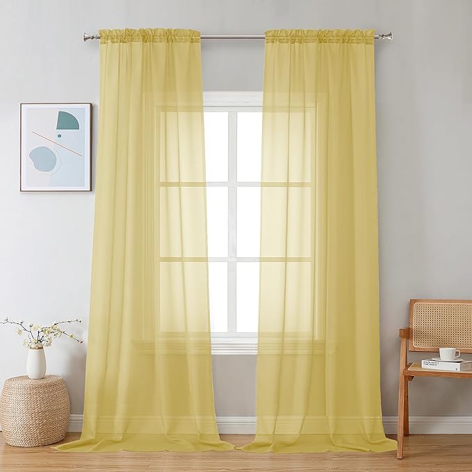 Chyhomenyc Yellow Sheer Curtains 96 inches Long 2 Panels, Light Filtering Soft Airy Solid Elegant Voile Window Treatment Drapes for Bedroom Living Room Wedding Party Decor, 42 Wx96 L, 8FT L