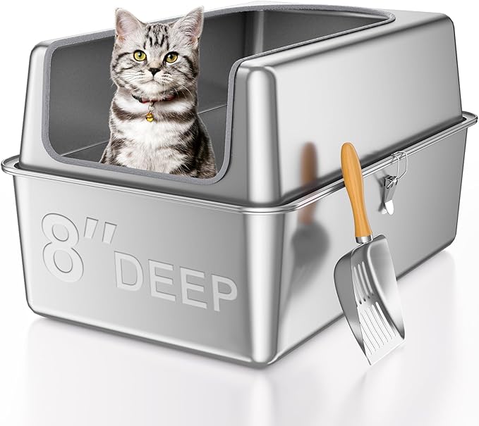 14'' High Sides XXL All Stainless Steel Cat Litter Box with Lid,XL Deep Metal Litter Box for Big Cats,Extra Large Litter Boxes with High Wall Enclosure,Anti-Leakage,Never Absorbs Odors,Non-Sticky-Mewly Pet