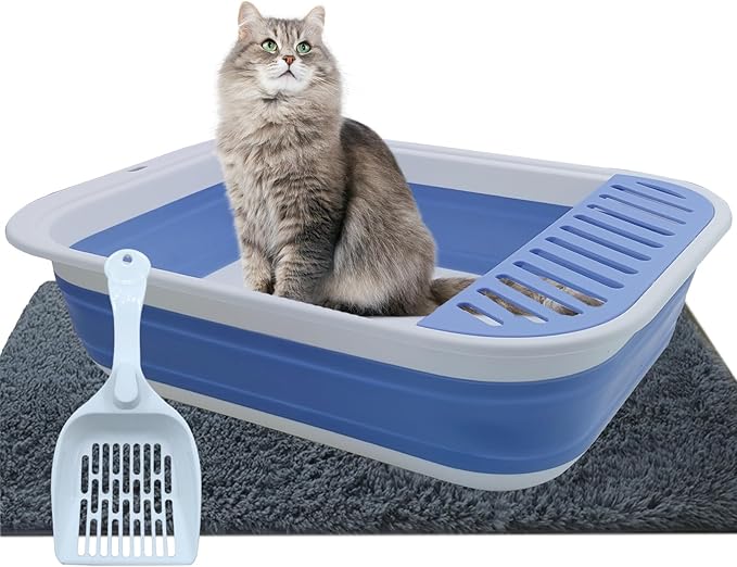Collapsible Small Cat Litter Box,Open Top Cats Litter Pan with Scoop Foldable Shallow Kitten Potty Toilet Waterproof Cat Travel Litterbox Anti-Splashing Low Entry Semi-Enclosed Easy Clean(Blue)-Mewly Pet