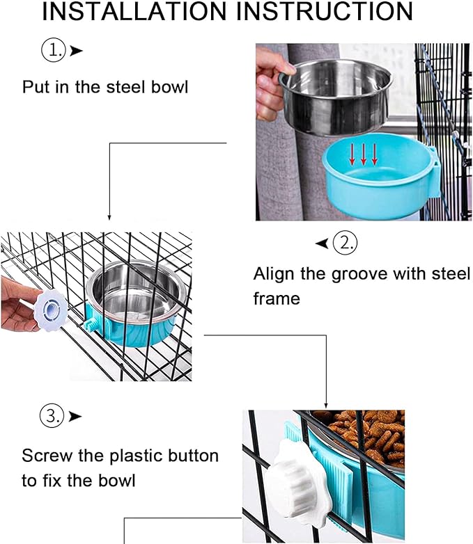 HERCOCCI Dog Crate Bowl, Removable Stainless Steel Pet Kennel Cage Hanging Food Bowls and Water Feeder Coop Cup Prevent Overflow for Puppy, Medium Dog, Cat, Rabbit, Ferret-Mewly Pet