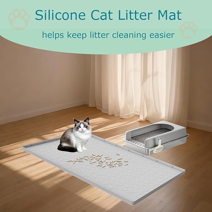 Cat Litter Mat for Litter Box, Silicone Large Cat Litter Trapping Mat - 28x22 in, Waterproof & Non-Slip, Durable & Easy Clean, Light Gray-Mewly Pet
