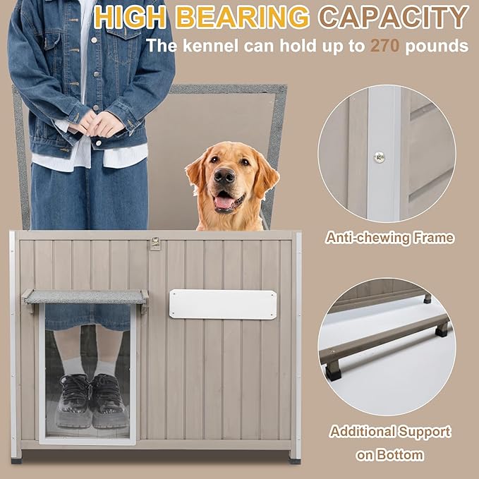 Weatherproof Outdoor Dog House, Wooden Puppy Shelter with Anti-Chewing Iron Frame and Elevated Floor, Sturdy Dog Kennel for Small, Medium & Large Dogs, Grey (Gray, 40" L x 26" W x 31" H)-Mewly Pet