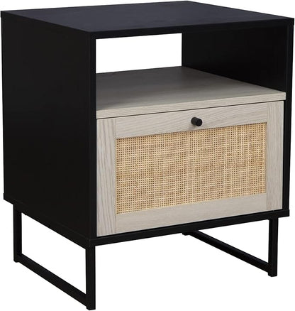 Nathan James Mina Rattan Wood End Side Accent Table Nightstand with Storage, Set of 2, Black Oak/Black