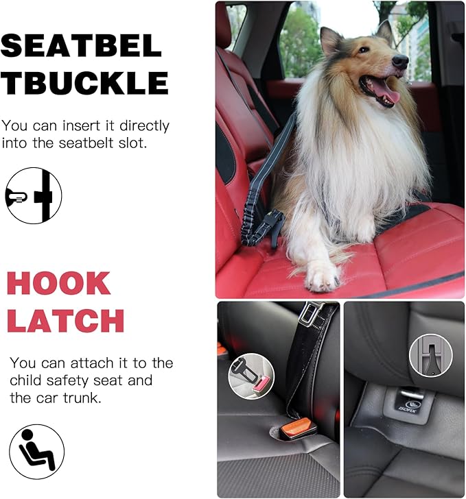 AUBELL Dog Seat Belt for Car,2 Pack Set 3-in-1 Adjustable Reflective Bungee Heavy Duty Dog Car Harness Tether with Clip Hook Latch & Buckle,Swivel Zinc Alloy Carabiner,Black+Black-Mewly Pet