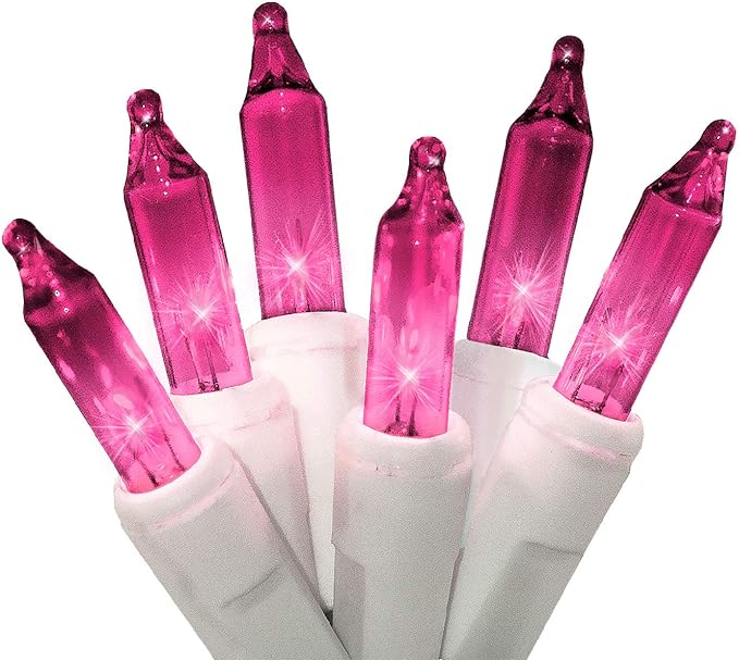 612 Vermont 50 Pink Christmas Lights on a White Wire String, UL Approved, Indoor and Outdoor Use, 9 Foot of Lighted Length, 11 Foot of Total Length
